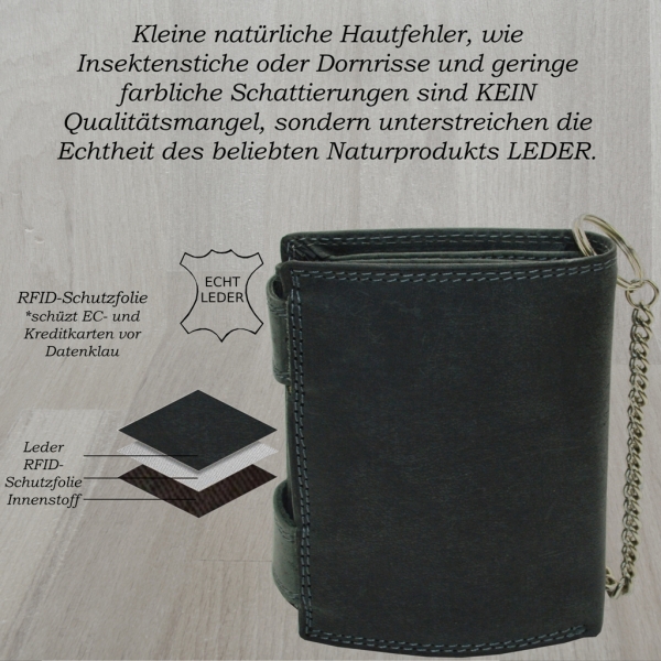 Leder Portemonnaie mit Kette Glattleder Design Roberto mit RFID Schutz